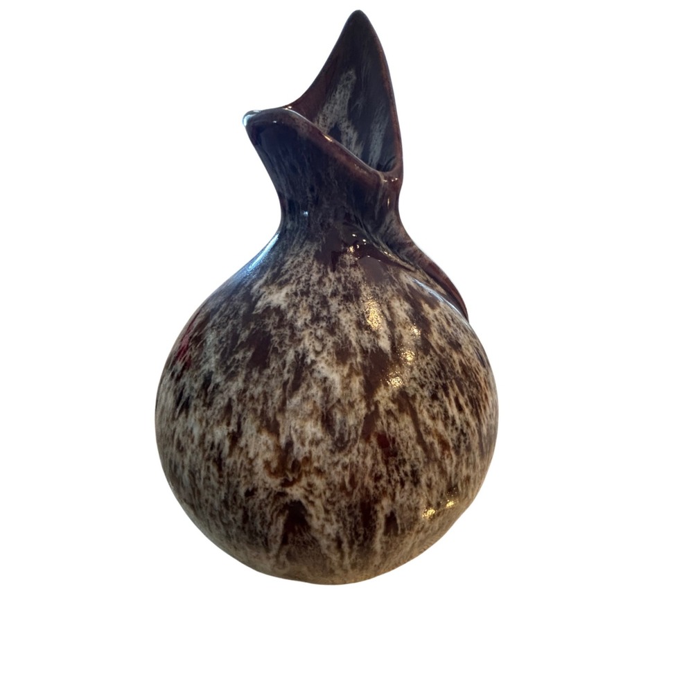 Vintage Studio Pottery Drip Glaze Vase Brown White Mottled Asymmetrical Rim 8"